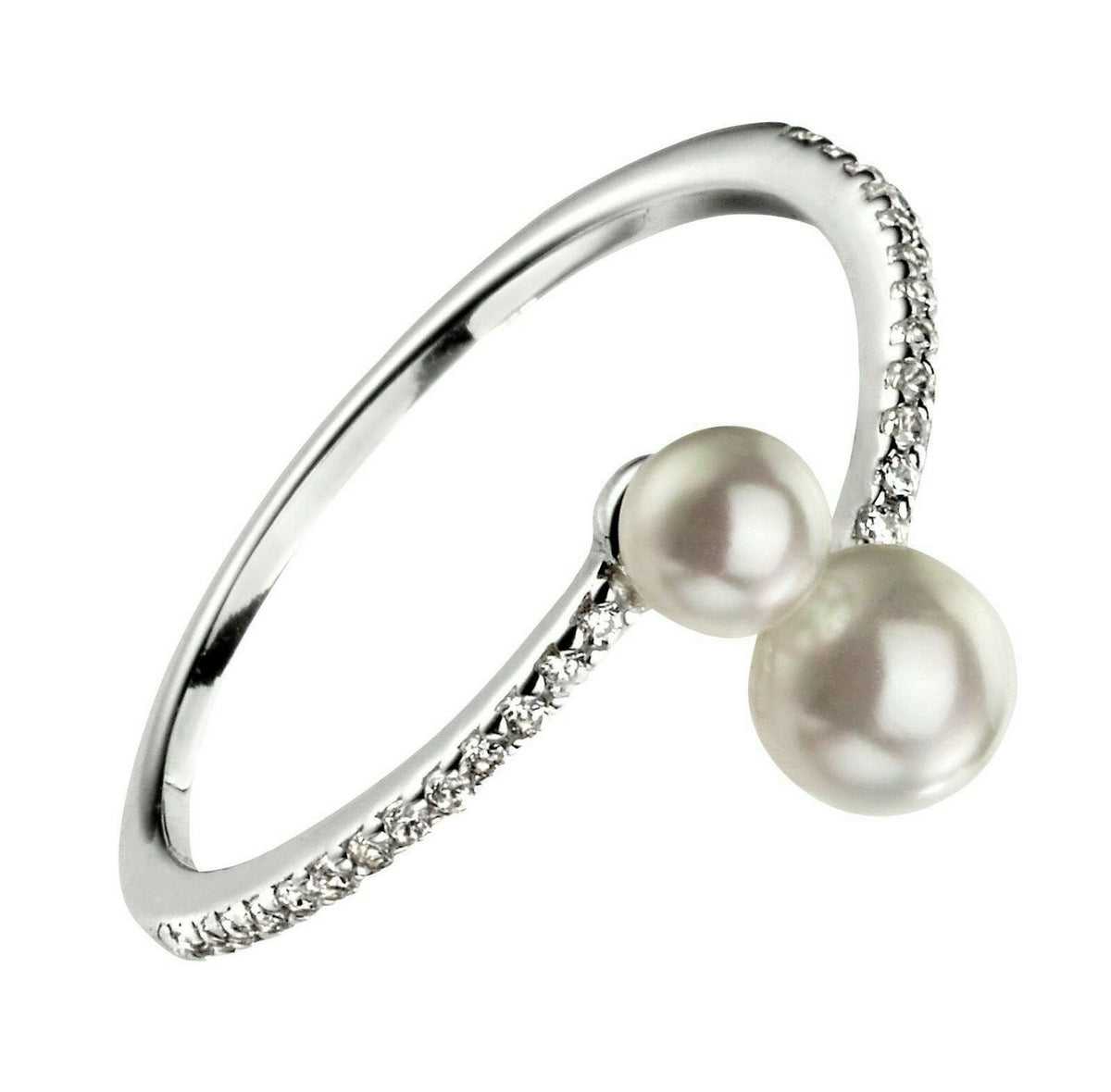 Sterling Silver Double Pearl Ring Pave Setting 925 Hallmarked Size K - S
