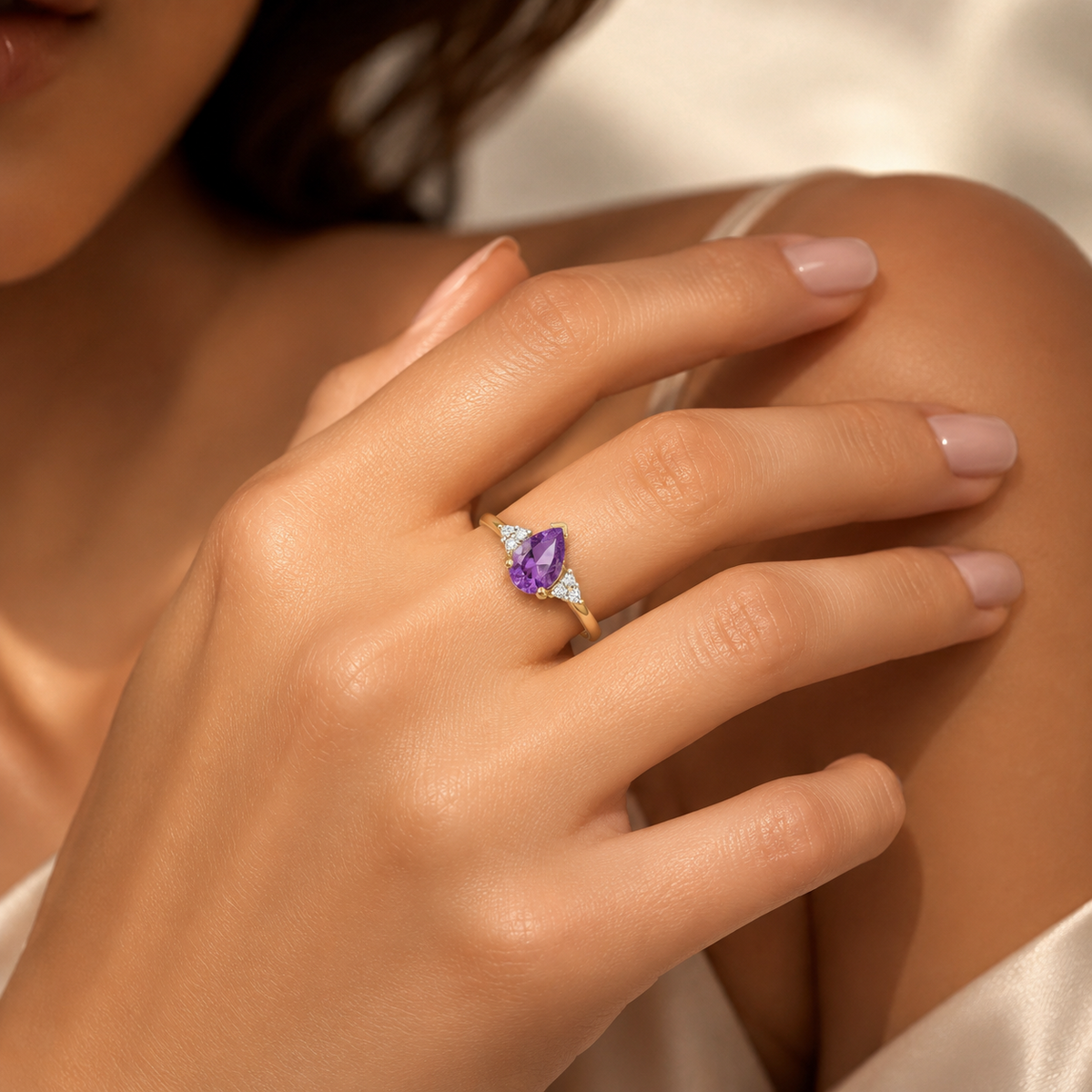 Teardrop Amethyst Diamond Ring 9ct 2 Tone Gold 375 Hallmarked Sizes J - Q