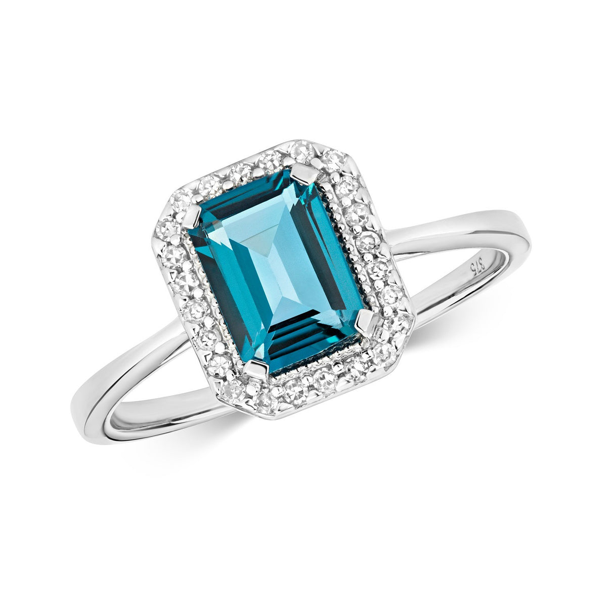 Halo Emerald Blue Topaz Diamond Ring 9ct White Gold 375 Hallmarked Sizes J - Q