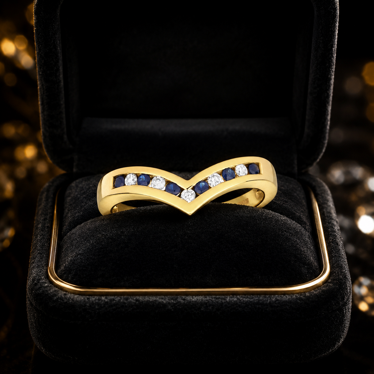 Sapphire Diamond Wishbone Ring 9ct Yellow Gold 375 Hallmarked Sizes J - Q