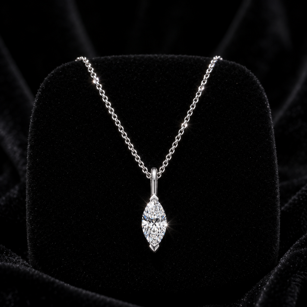 1 Natural Diamond Marquise Cut Necklace 18ct White Gold Hallmarked British Made