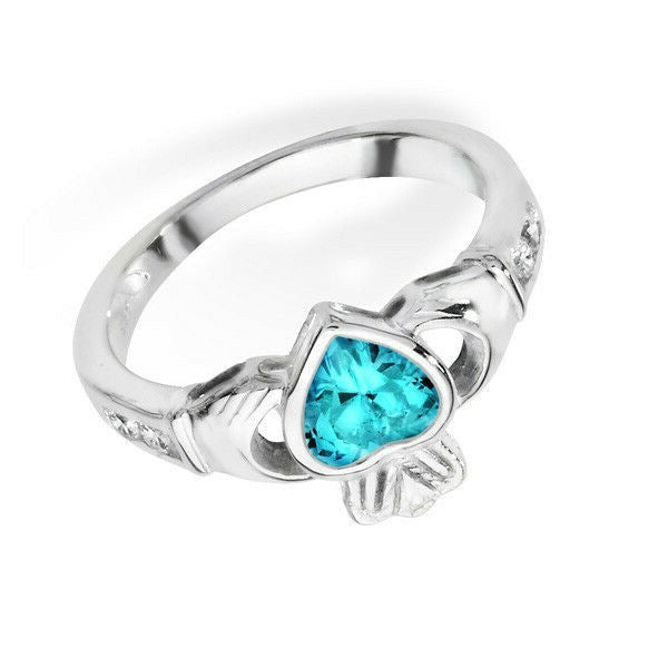 Sterling Silver Blue Topaz Ring Claddagh Stone 925 Hallmarked Size J - R