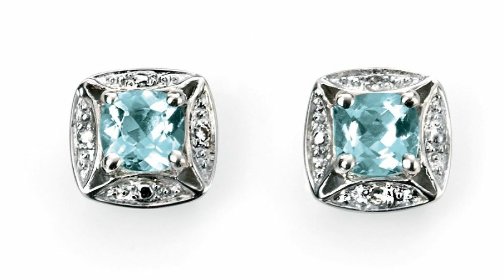 Aquamarine and Diamond Stud Earrings 9k White Gold 375 Hallmarked British Made