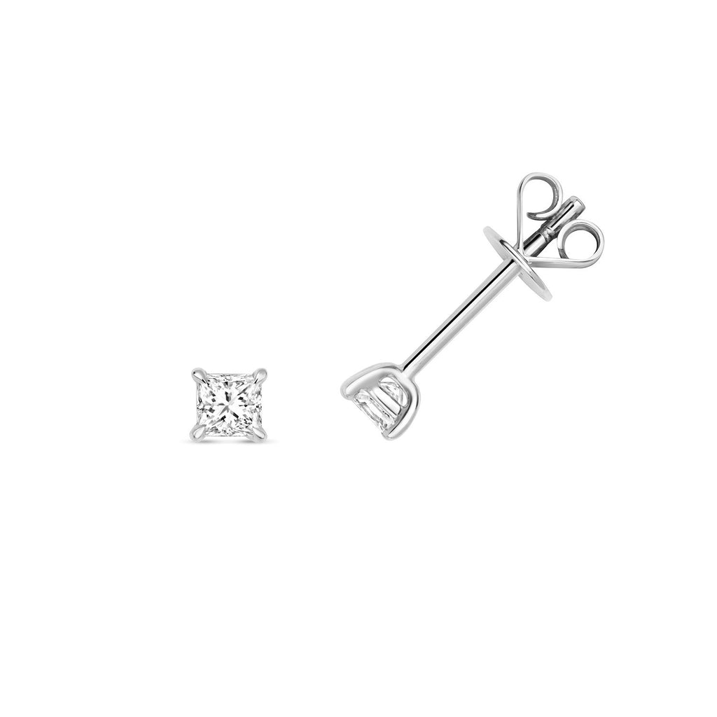 Natural Diamond Princess Stud Earrings 18ct White Gold Hallmarked British Made
