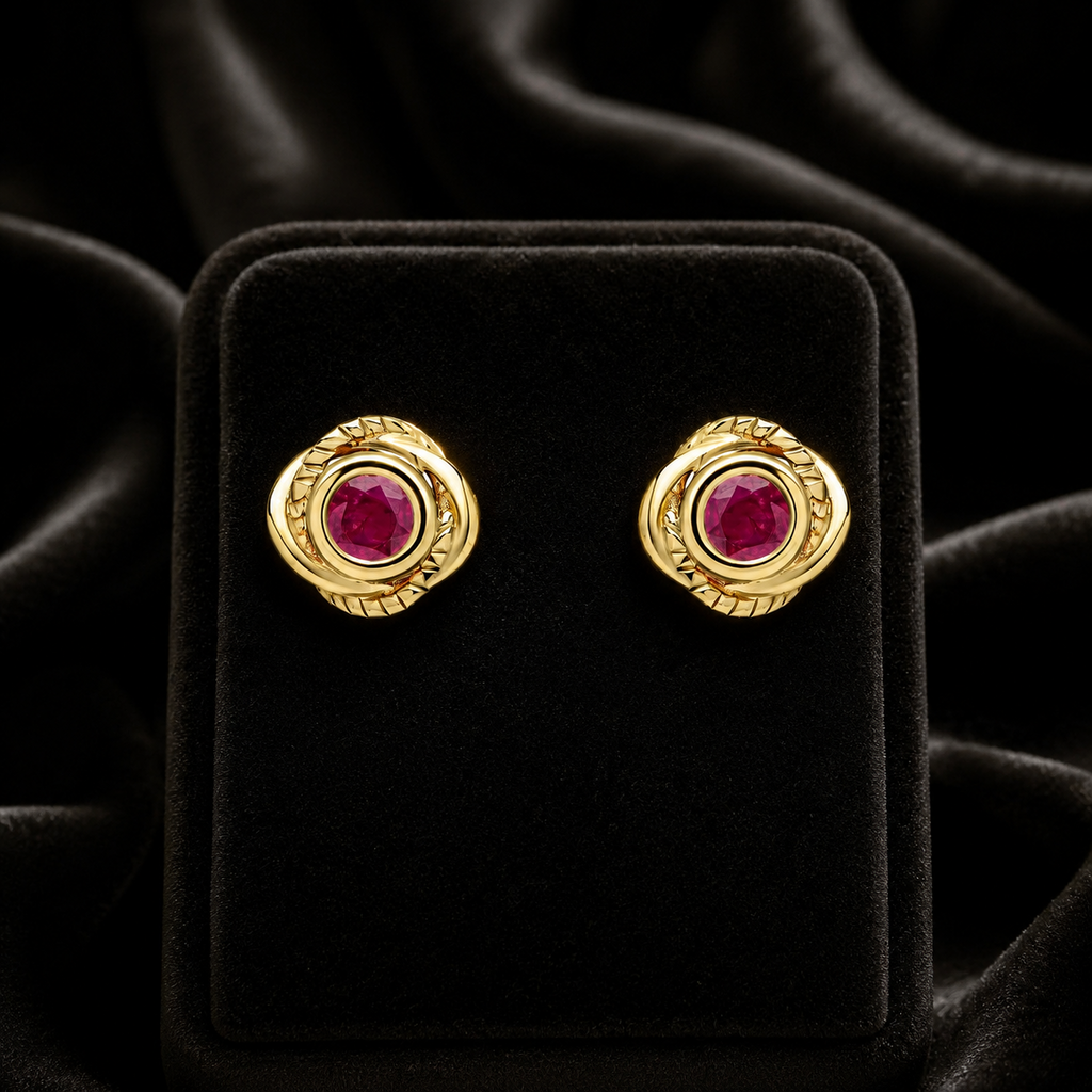 Flush Vintage Ruby Stud Earrings 9ct Yellow Gold 375 Hallmarked British Made