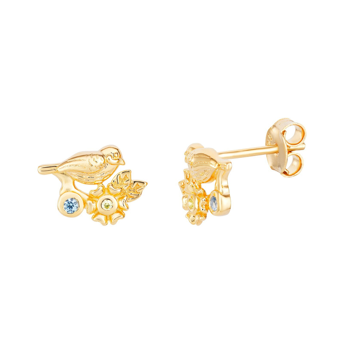 Aquamarine Bird Stud Earrings 9ct Yellow Gold Plated Hallmarked British Made