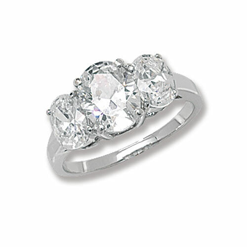 Sterling Silver Three Stone Ring Oval Trilogy Engagement 925 Hallmark Size L - T