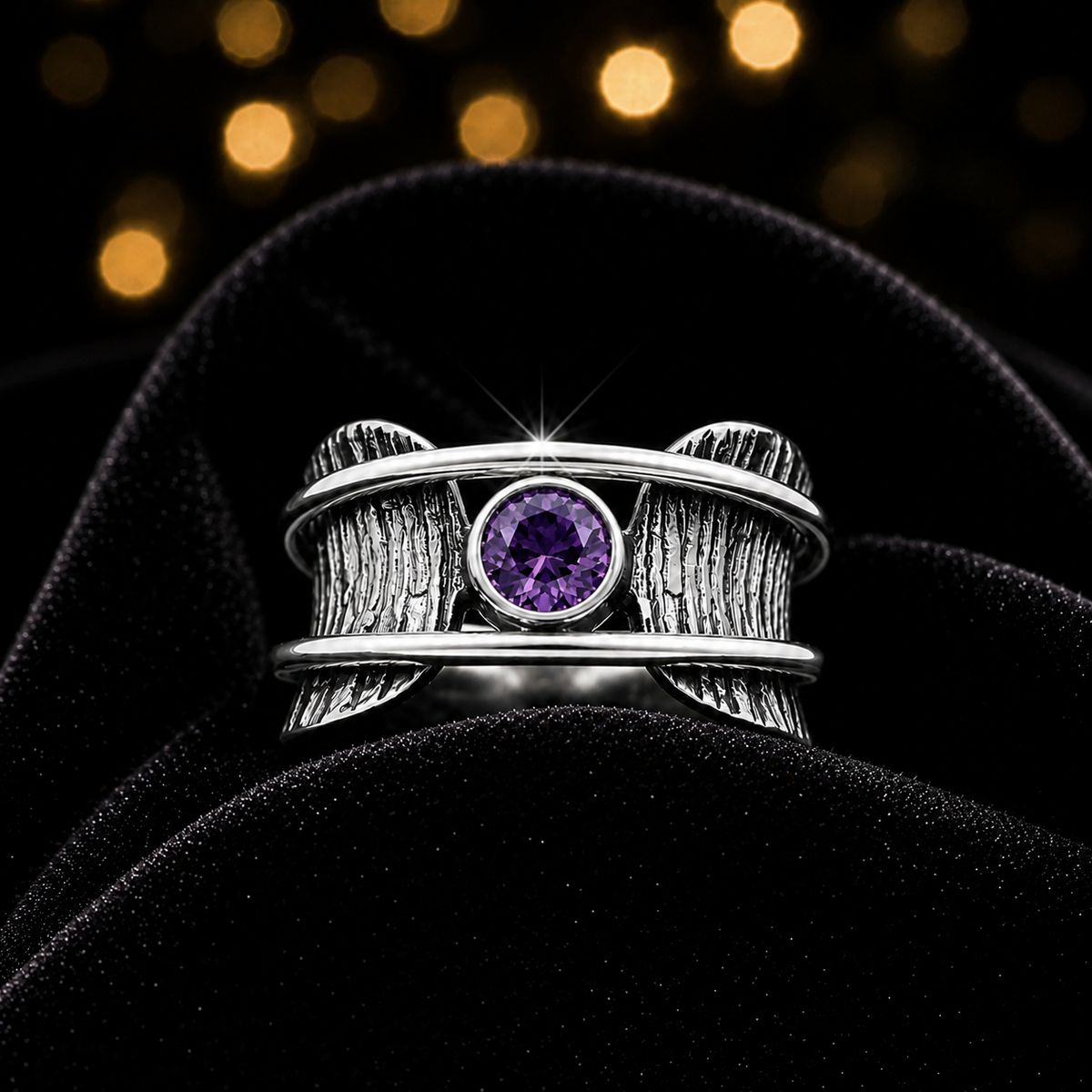 Amethyst Tree Bark Spinner Ring Sterling Silver 925 Hallmarked Size K - T