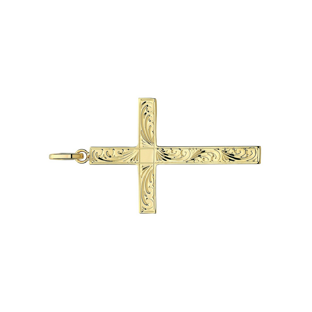 Large 9ct Yellow Gold Engraved Cross Pendant 375 Hallmarked All Chain Lengths