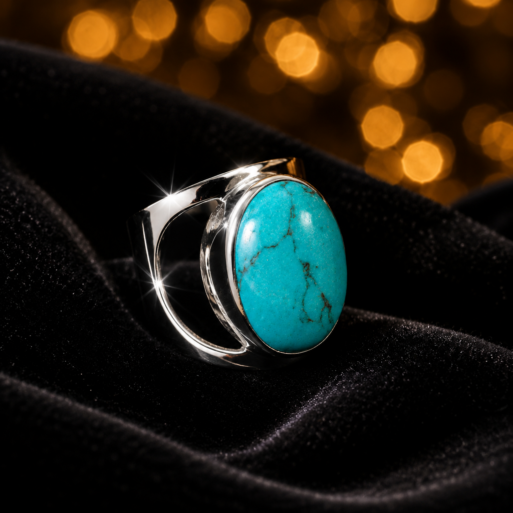 Large Oval Turquoise Ring Sterling Silver 925 Hallmarked British Made Size K - T
