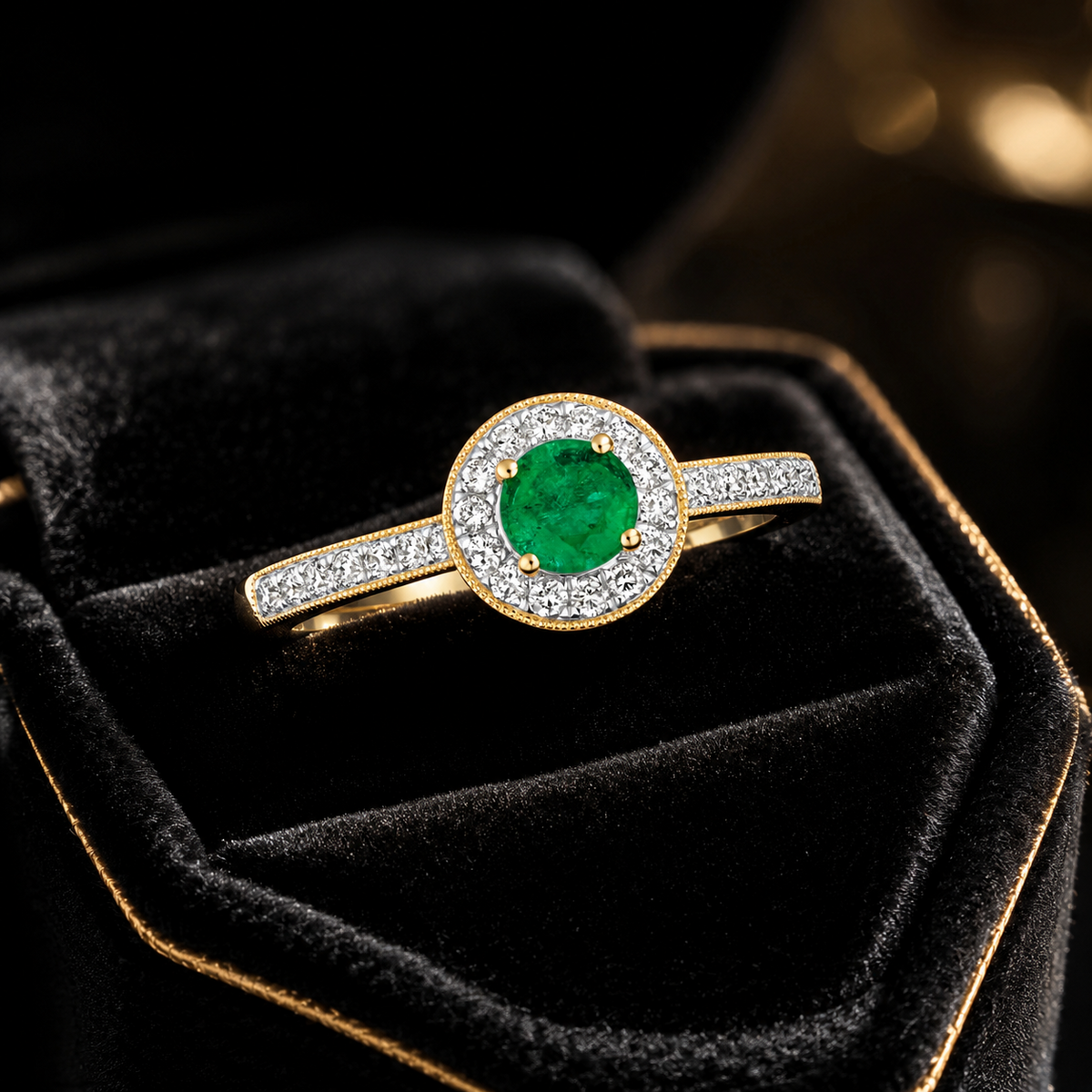 Round Cluster Emerald Diamond Halo Ring 9ct Gold 375 Hallmark J - Q British Made