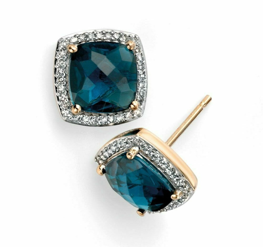 Checkerboard London Blue Topaz Earrings with Diamond in 9ct Yellow Gold