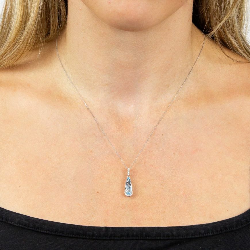Blue Topaz and Diamond Pendant 9ct White Gold 375 Hallmarked British Made