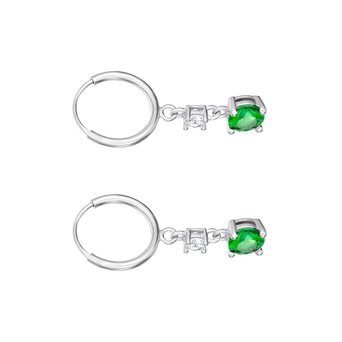 Solitaire Emerald Drop Hoop Earrings Sterling Silver 925 Hallmarked British Made