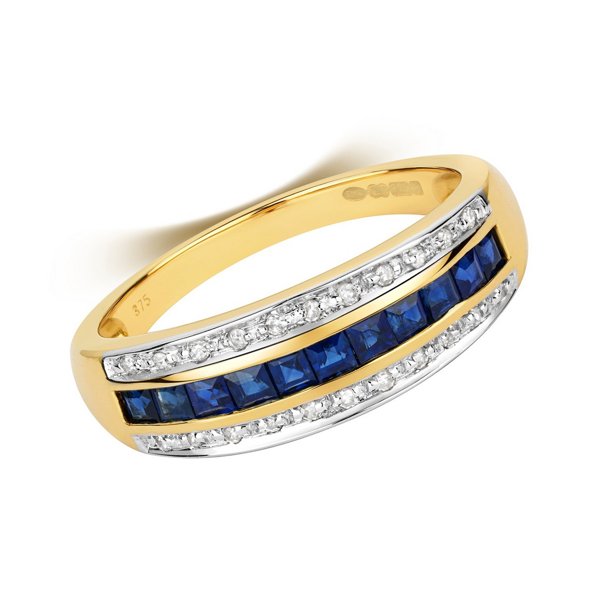 Sapphire Diamond Band Ring 9ct 2 Tone Gold 375 Hallmark Sizes J - Q British Made