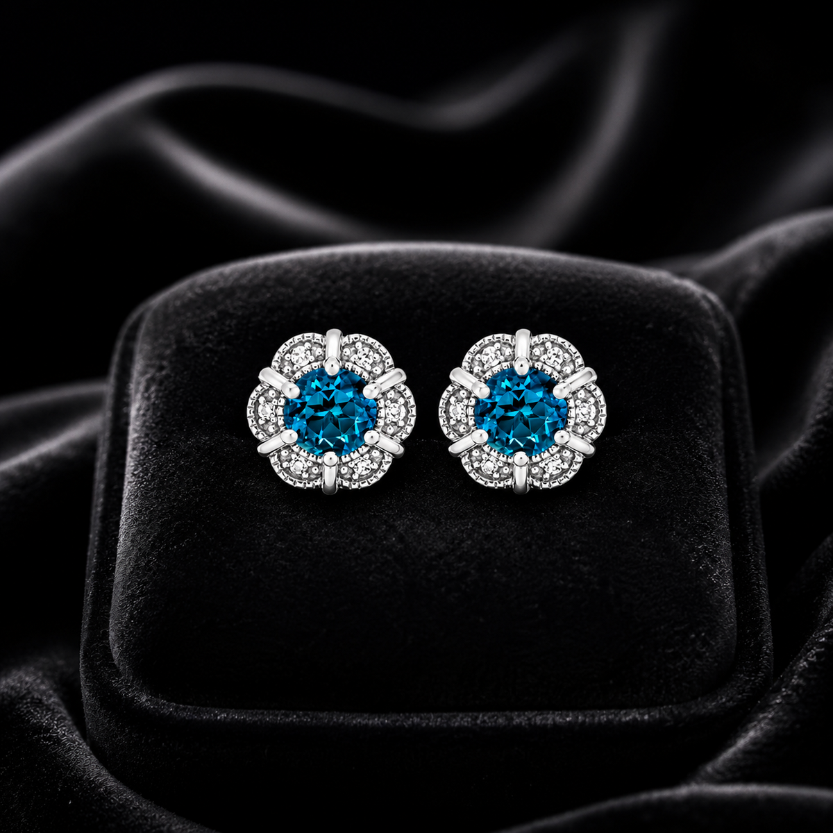Natural Floral Blue Topaz Diamond Stud Earrings 9ct White Gold 375 Hallmarked