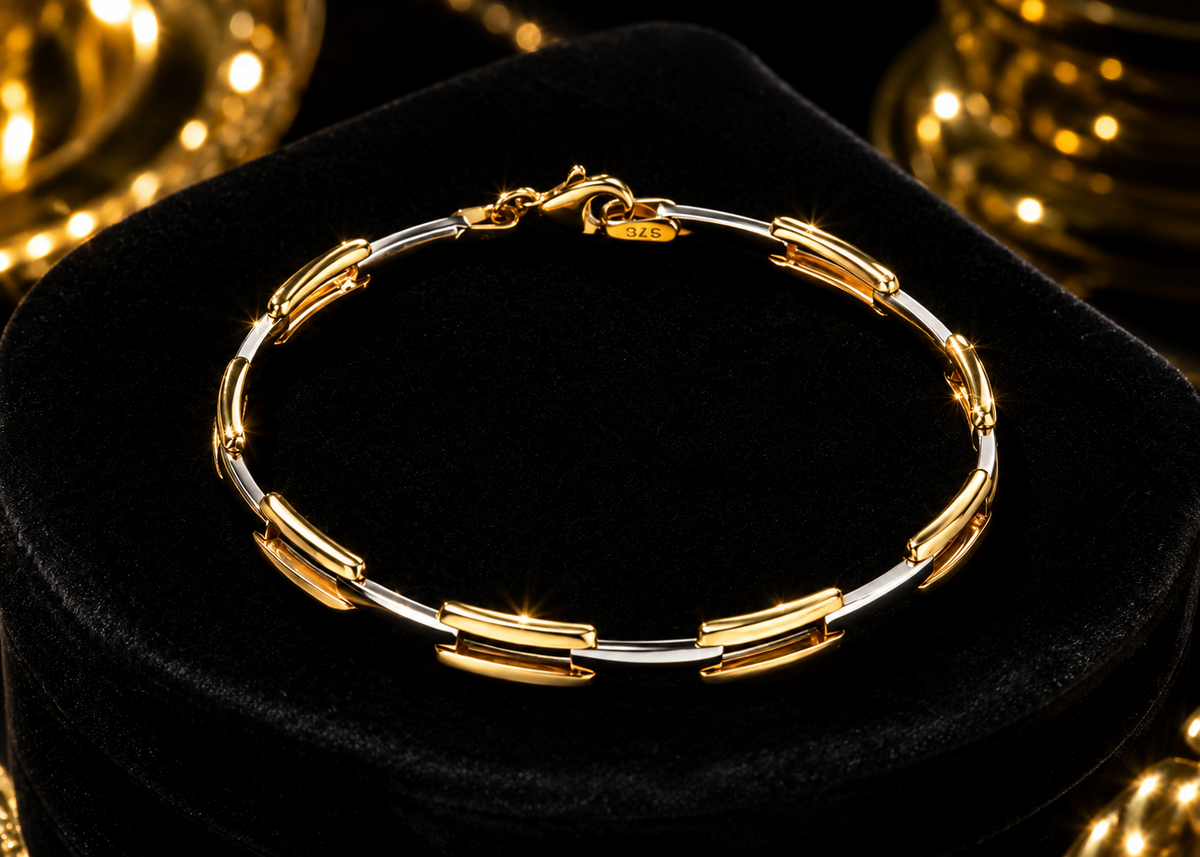 9ct Yellow and White Gold Oval Rectangle Link Bracelet (19.7cm) 375 Hallmarked