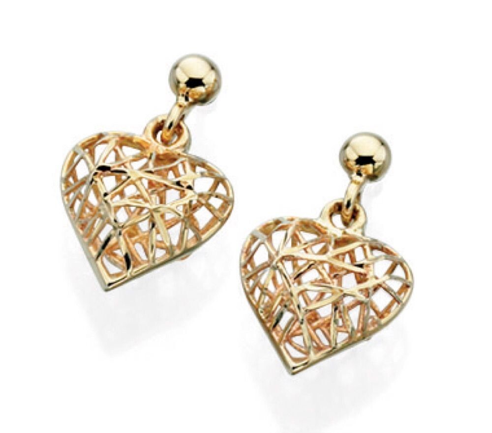 Caged Heart Drop Earrings 9ct Yellow Gold 375 Hallmarked British Made
