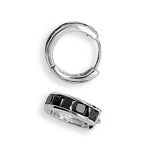 Mens Huggie Hoop Earring Black Cubic Zirconia Sterling Silver Gents 925 Hallmark