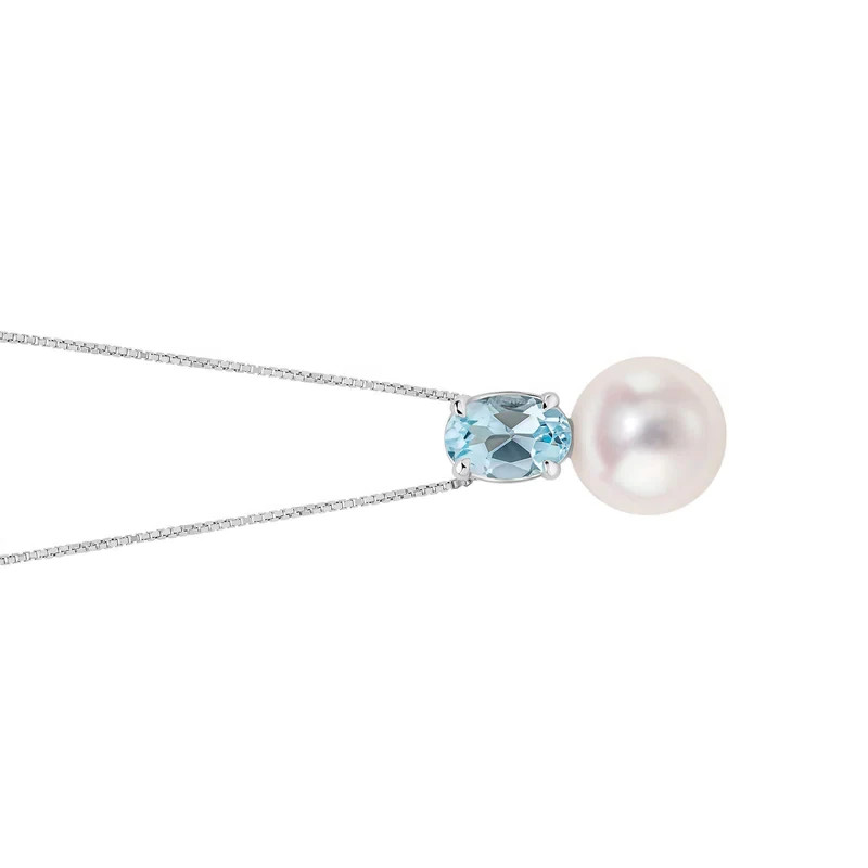 Round Pearl & Topaz Pendant 9ct White Gold 375 Hallmarked British Made