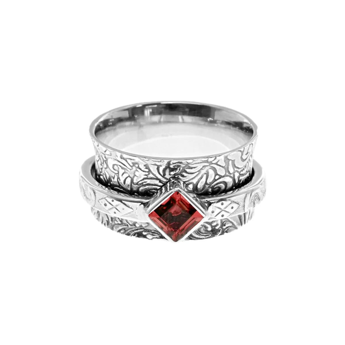 Flush Garnet Ornate Spinner Ring Sterling Silver 925 Hallmarked Size K - T