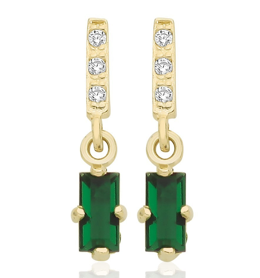 Baguette Natural Emerald Drop Earrings 9ct Yellow Gold 375 Hallmarked Brand New