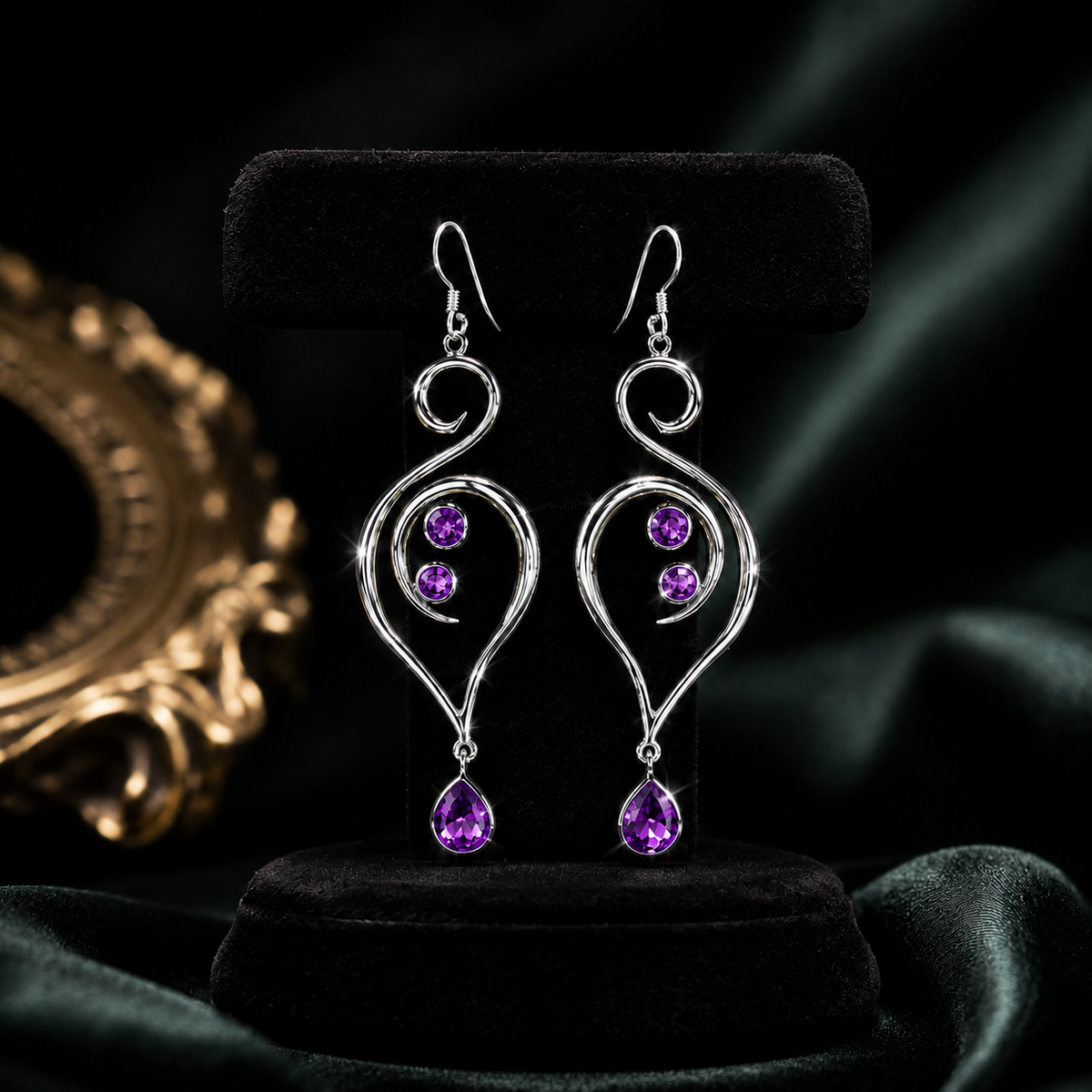 Natural Amethyst Large Swirl Earrings Sterling Silver 925 Hallmark British Made