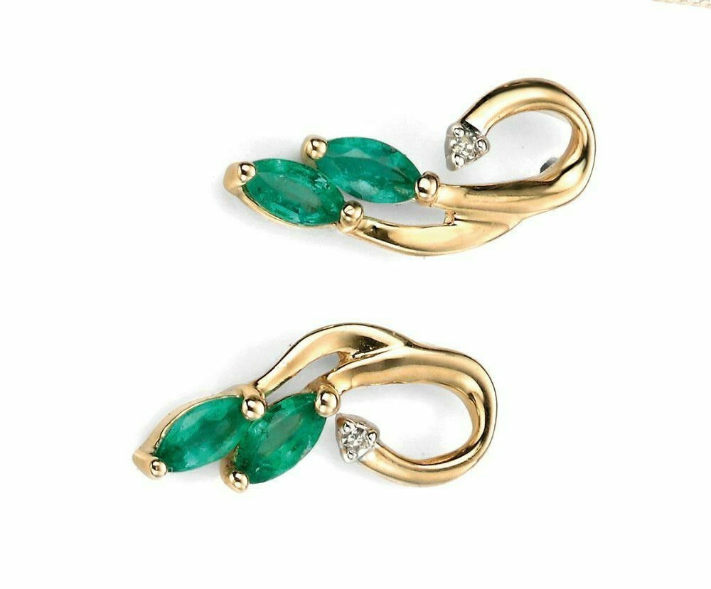 Emerald and Diamond Stud Marquise Earrings Yellow Gold Hallmarked British Made
