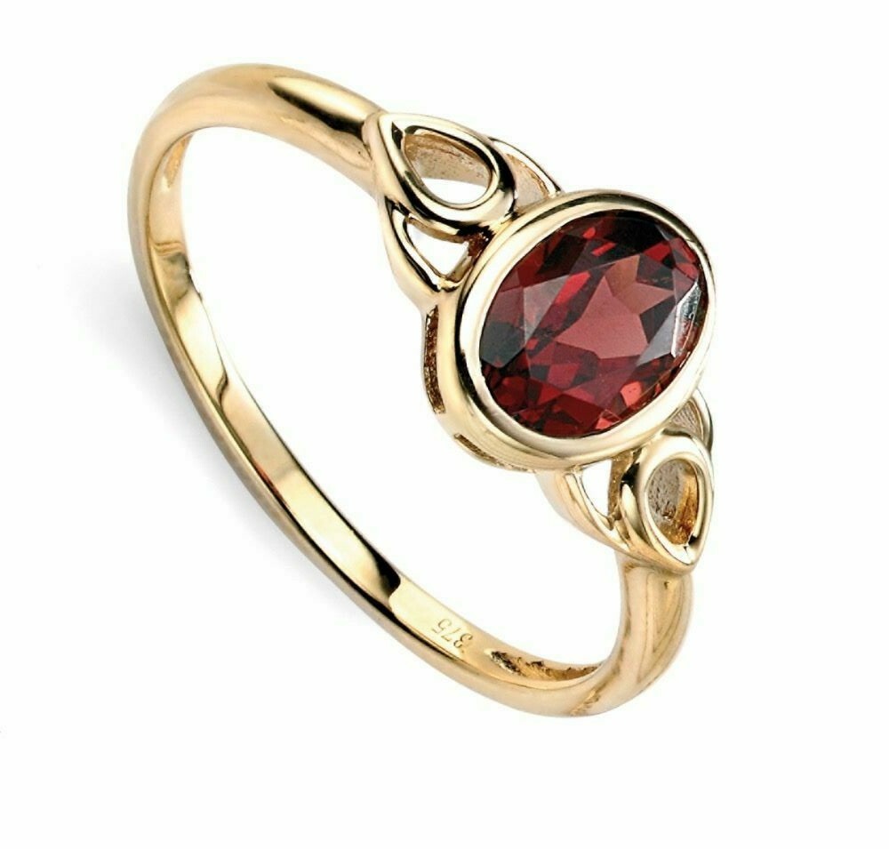 9ct Yellow Gold Garnet Celtic Ring Sizes L - Q British Made Brand New Boxed