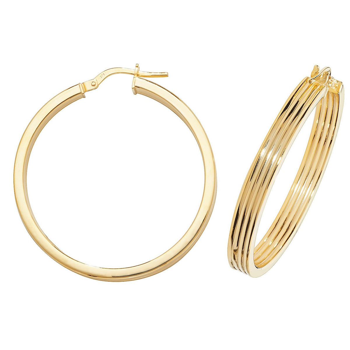 9ct Yellow Gold Grooved Hoop Earrings 375 Hallmarked 10mm - 50mm Diameter