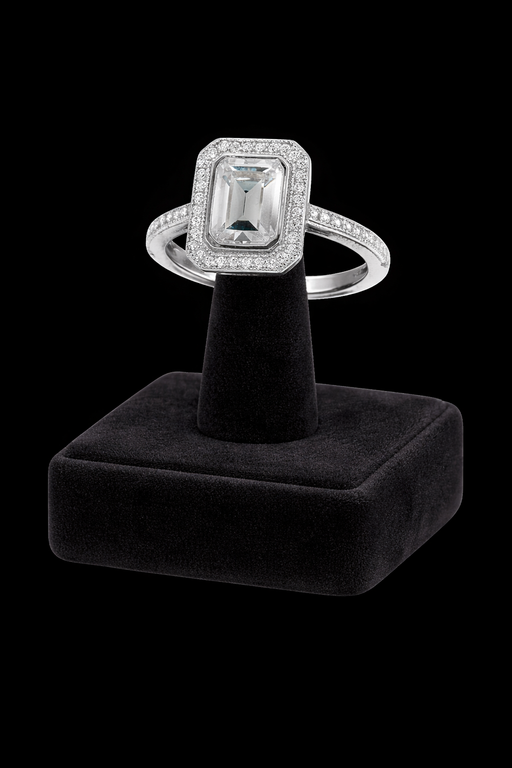 Sterling Silver Halo Ring Engagement Emerald Cut Gemstone 925 Hallmark Size M-R
