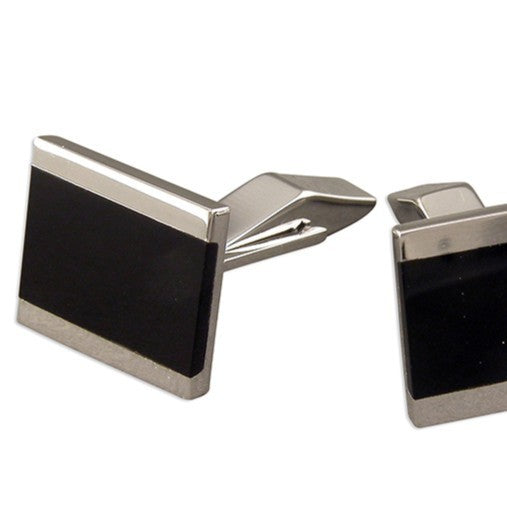 Sterling Silver Flush Onyx Cufflink Set Men's 925 Hallmarked British Made
