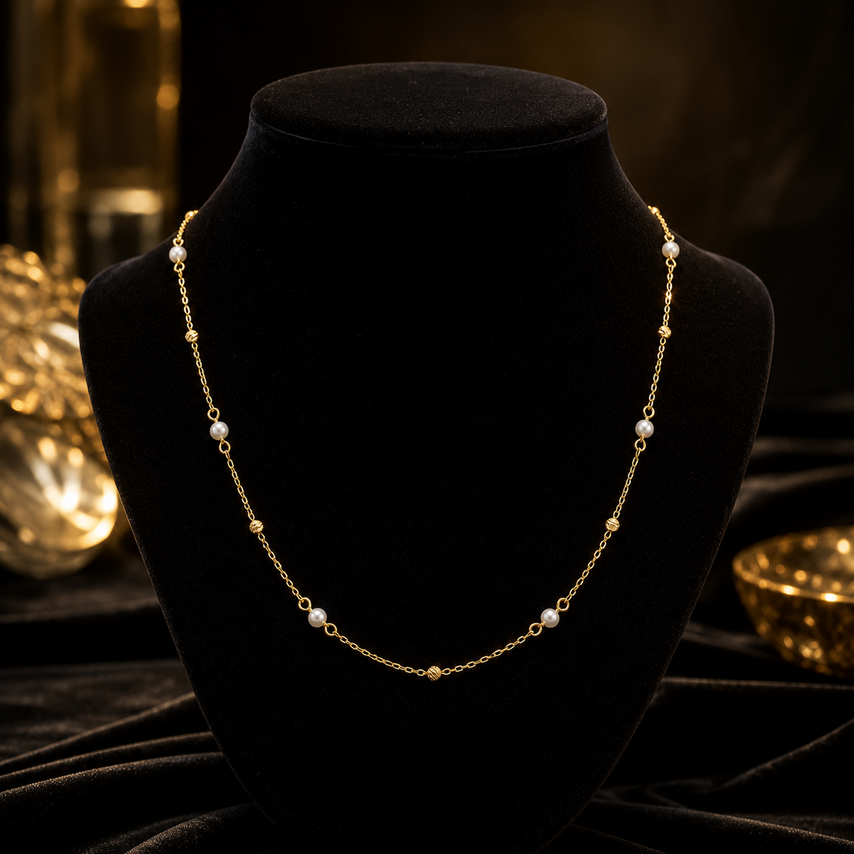Trace Chain Station Pearl Necklace 9ct Yellow Gold 375 Hallmarked British Made