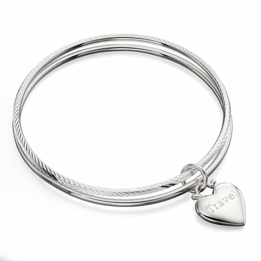 Diamond Cut Double Bangle With Heart Tag Solid Sterling Silver Hallmarked