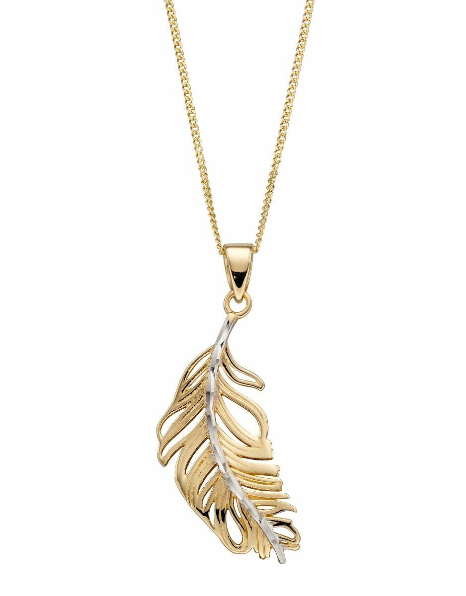 Feather Pendant 9ct Yellow/White Gold 375 Hallmarked British Made Brand new
