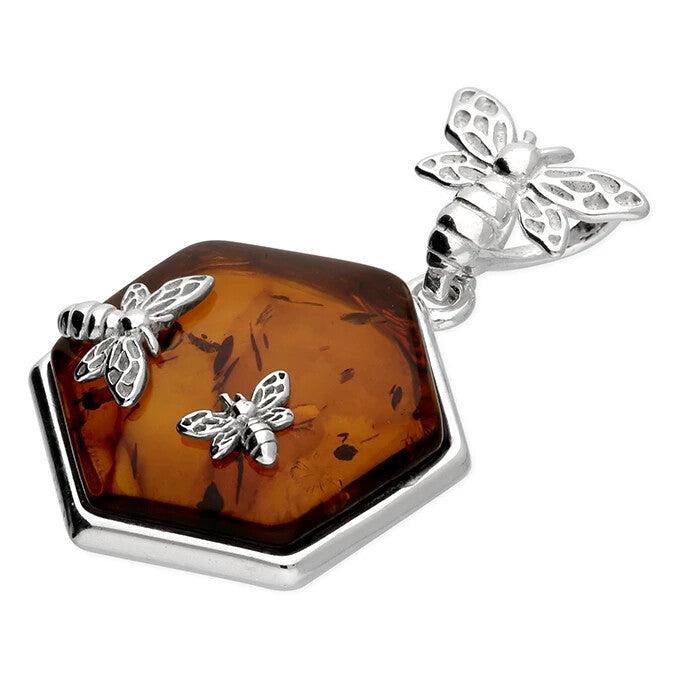 Flying Bee Amber Pendant Sterling Silver 925 Hallmarked All Chain Lengths