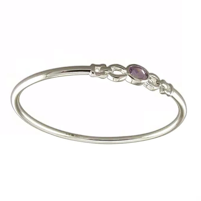 Oval Amethyst Loop Bangle Sterling Silver 925 Hallmark British Made Brand New