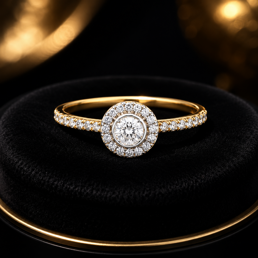 Halo Engagement Ring 9ct Yellow Gold 375 Hallmarked Sizes J - S British Made
