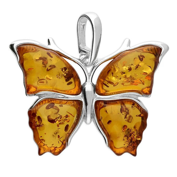 Statement Butterfly Amber Pendant Sterling Silver 925 Hallmark All Chain Lengths