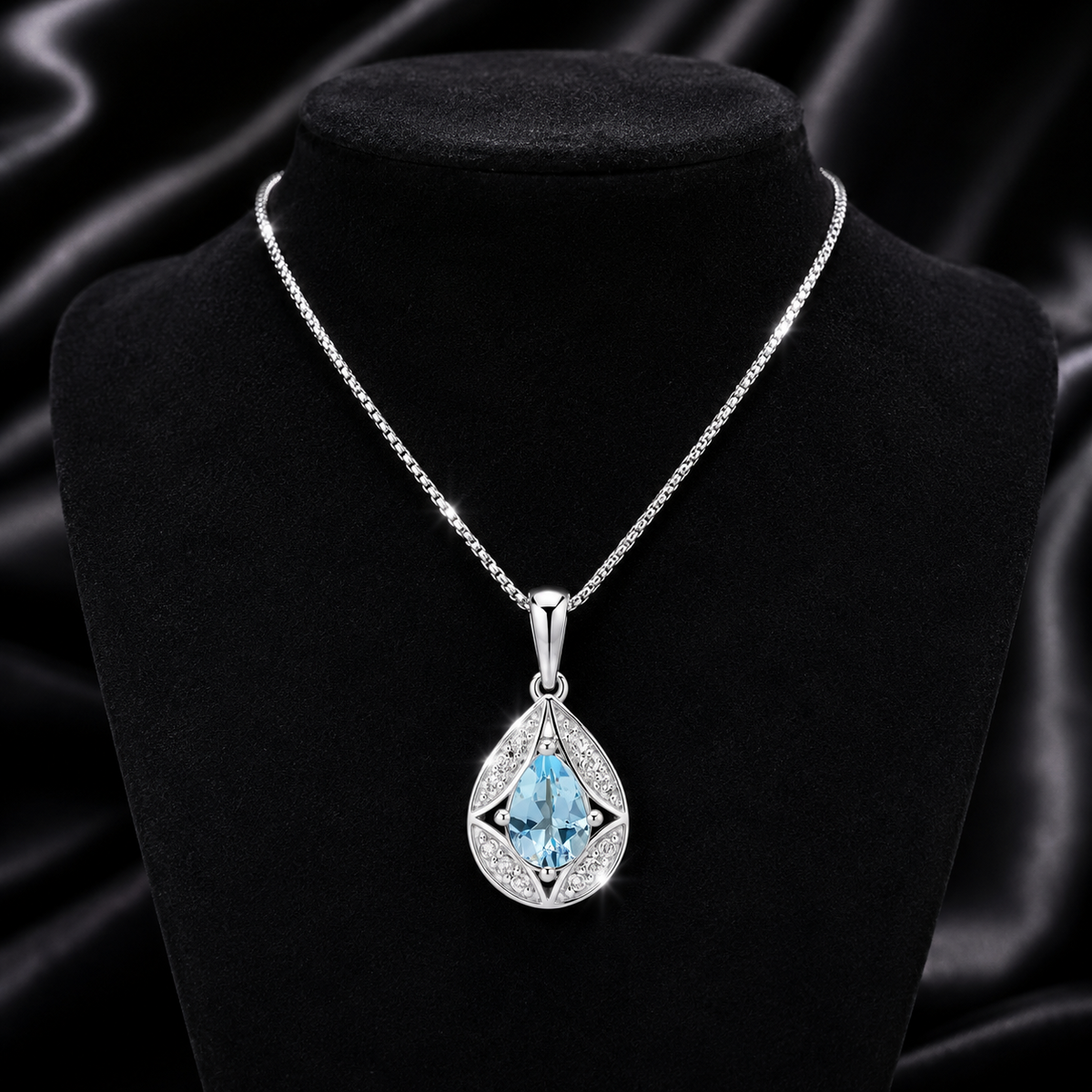 Art Deco Aquamarine & Topaz Pendant 9ct White Gold 375 Hallmarked British Made