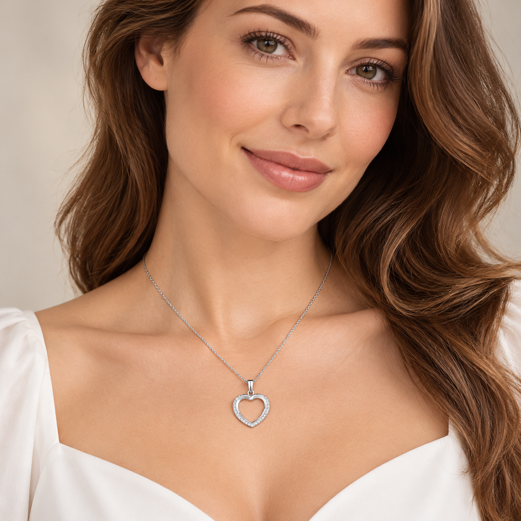 Ladies Double Halo Heart Necklace Sterling Silver 925 Hallmarked British Made