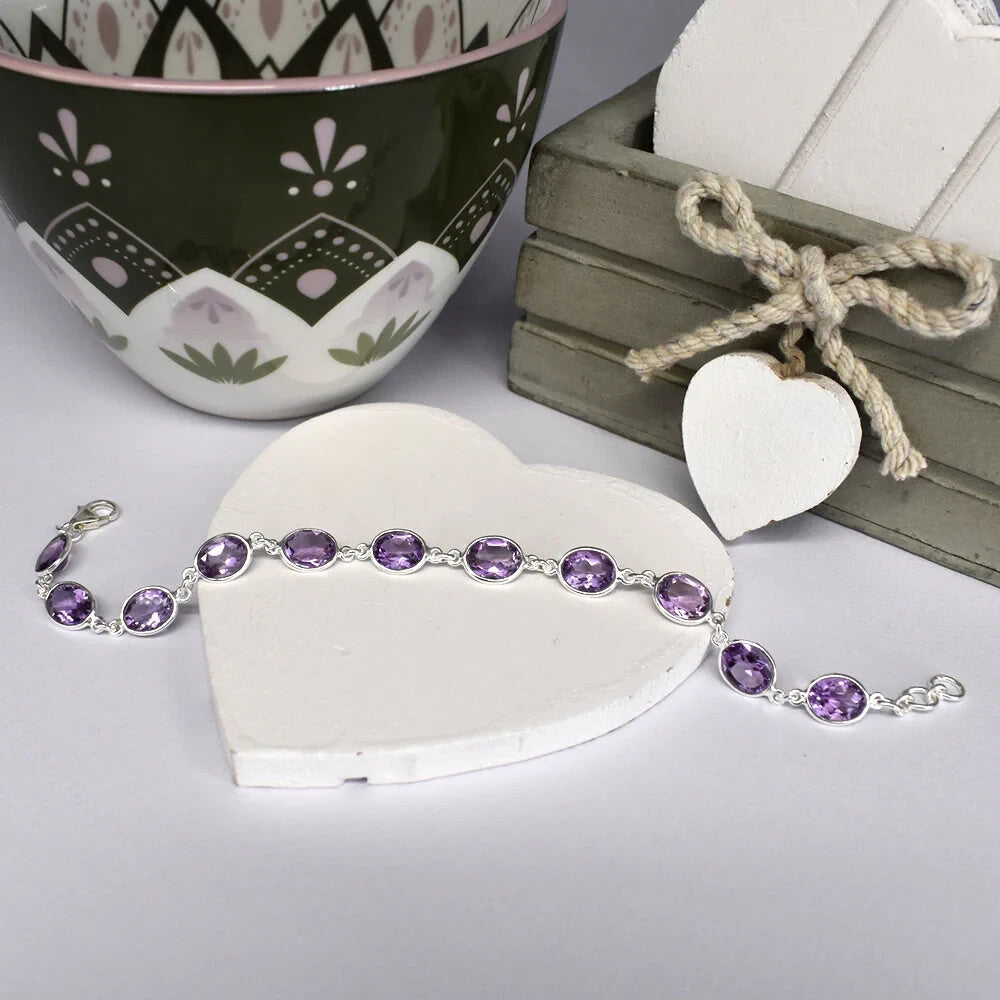 Flush Oval Amethyst Bracelet Sterling Silver 925 Hallmarked Brand New Boxed