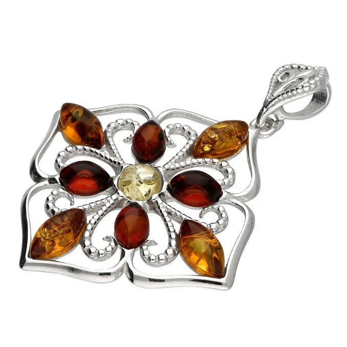 Statement Flower Amber Pendant Sterling Silver 925 Hallmarked All Chain Lengths