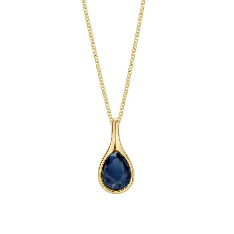 Flush Teardrop Sapphire Pendant 9ct Yellow Gold 375 Hallmarked British Made