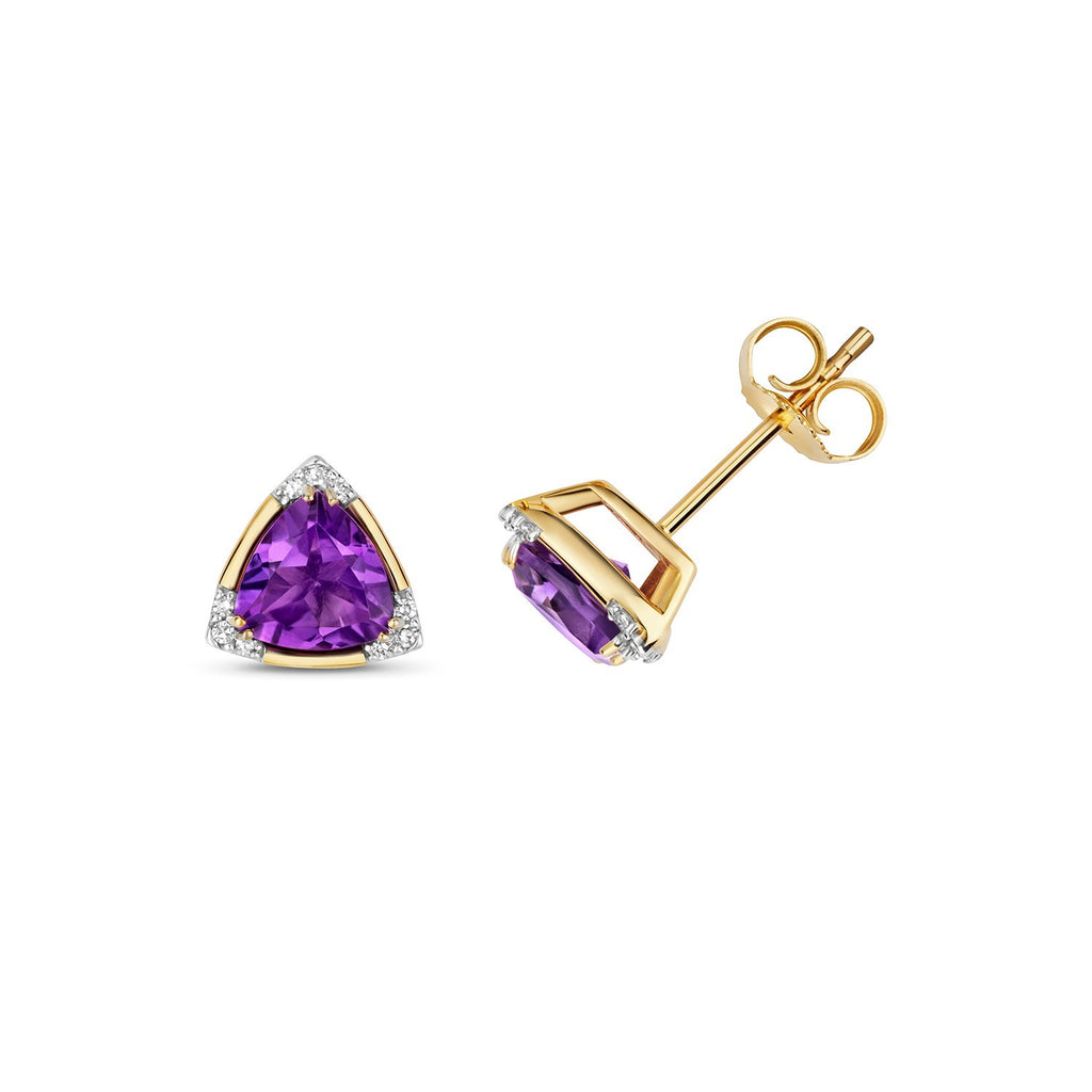 Natural Triangular Amethyst Diamond Earrings 9ct Multi Tone Gold 375 Hallmarked