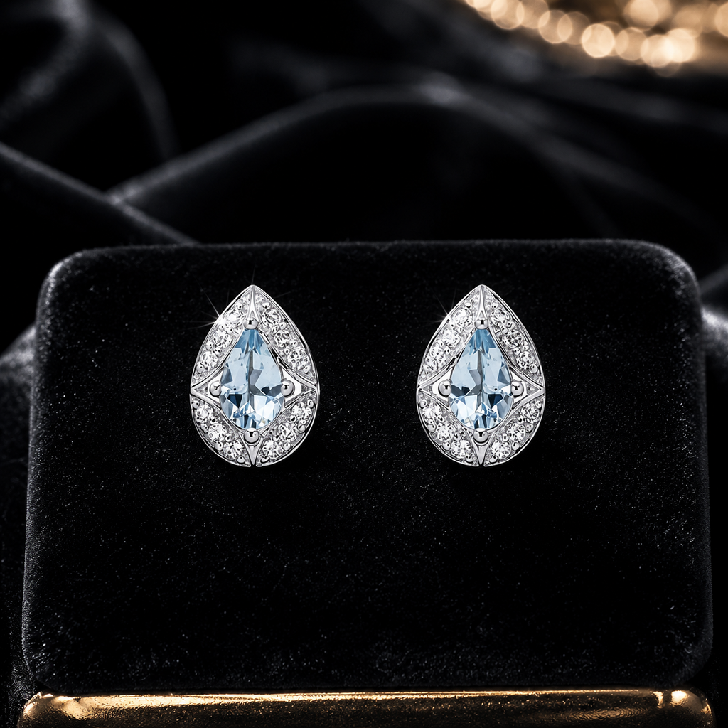 Aquamarine & Topaz Teardrop Earrings 9ct White Gold 375 Hallmarked British Made