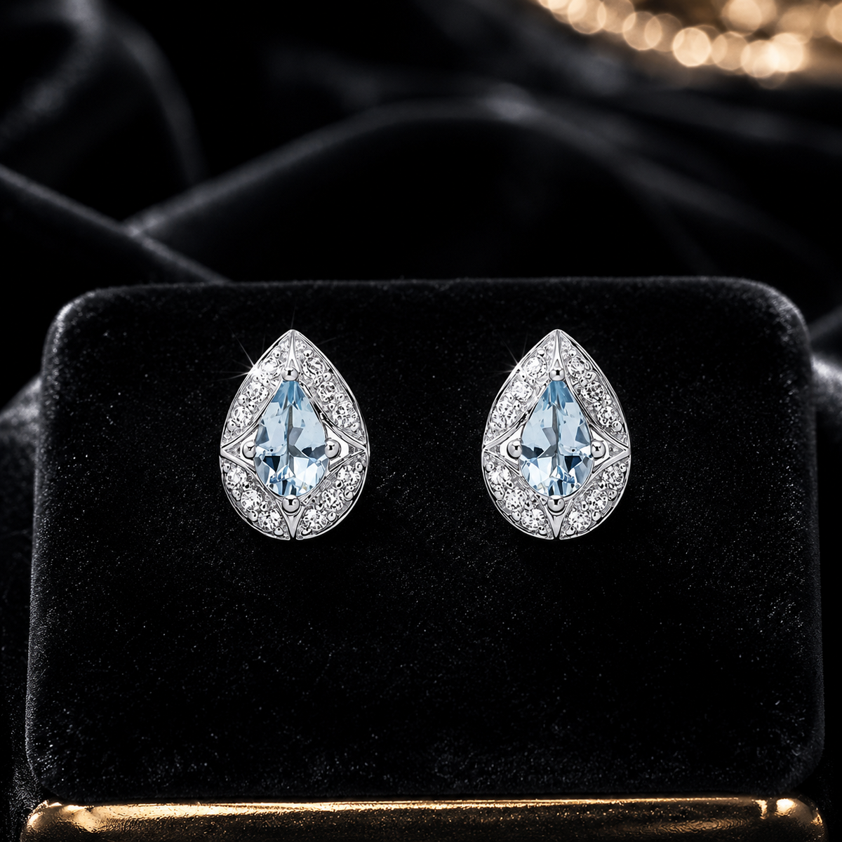 Aquamarine & Topaz Teardrop Earrings 9ct White Gold 375 Hallmarked British Made
