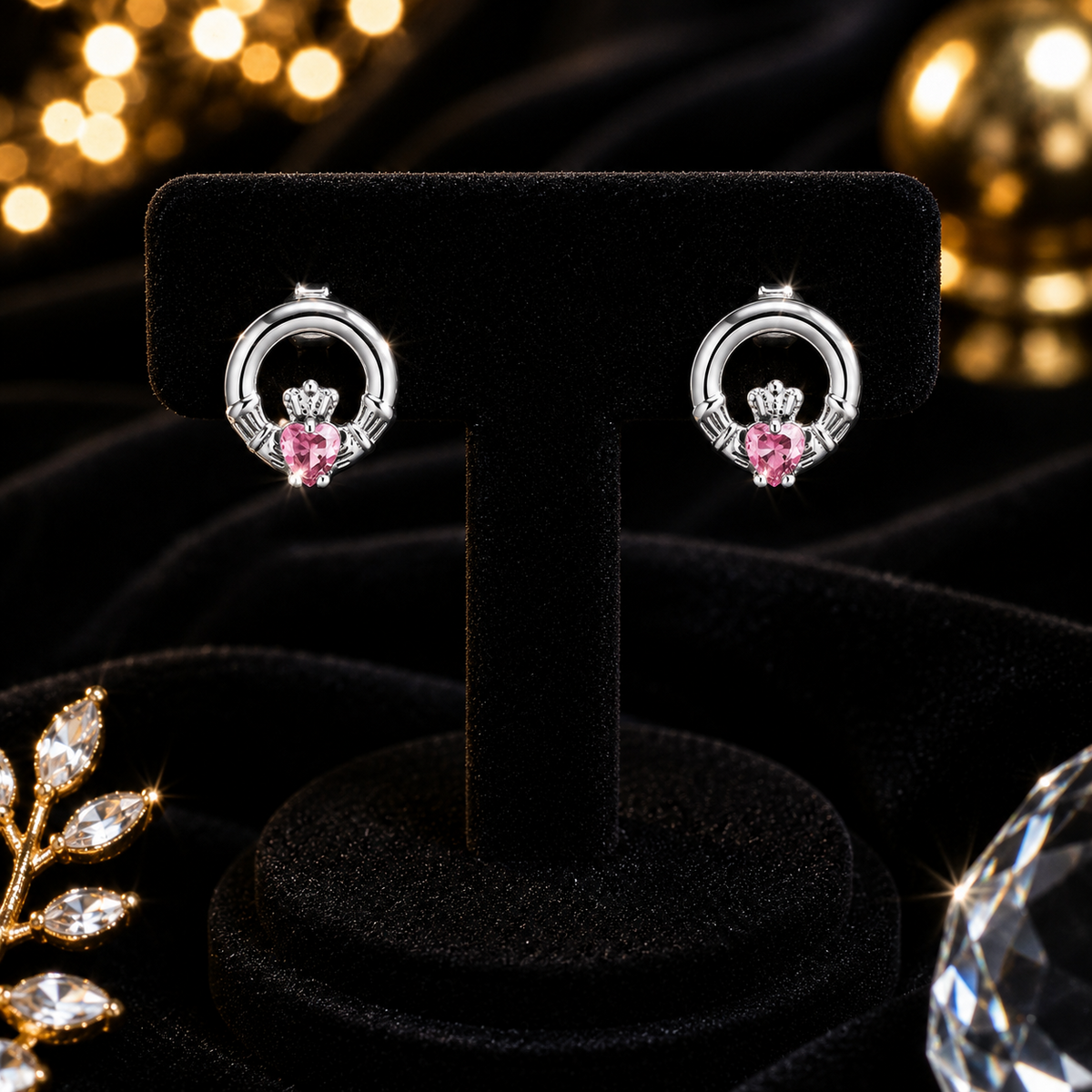 Pink Topaz Claddagh Stud Earrings Sterling Silver 925 Hallmarked British Made