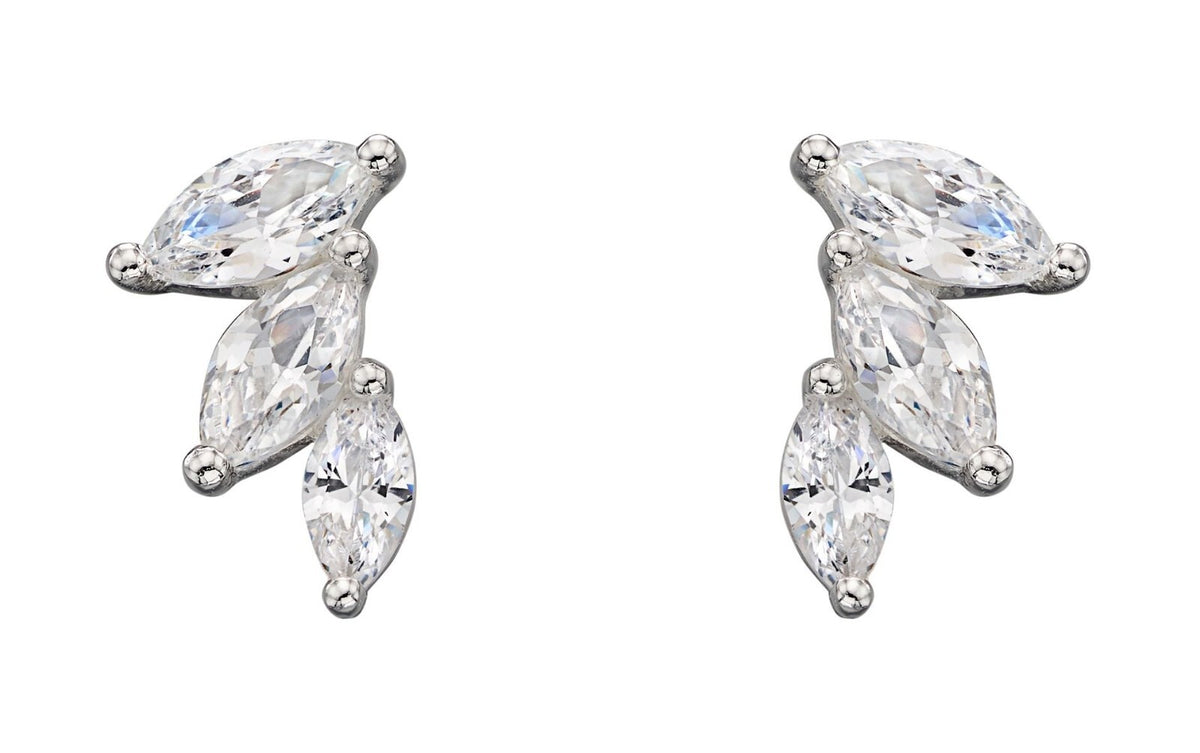 3 Stone Marquise Stud Earrings Sterling Silver 925 Hallmarked Brand New Boxed
