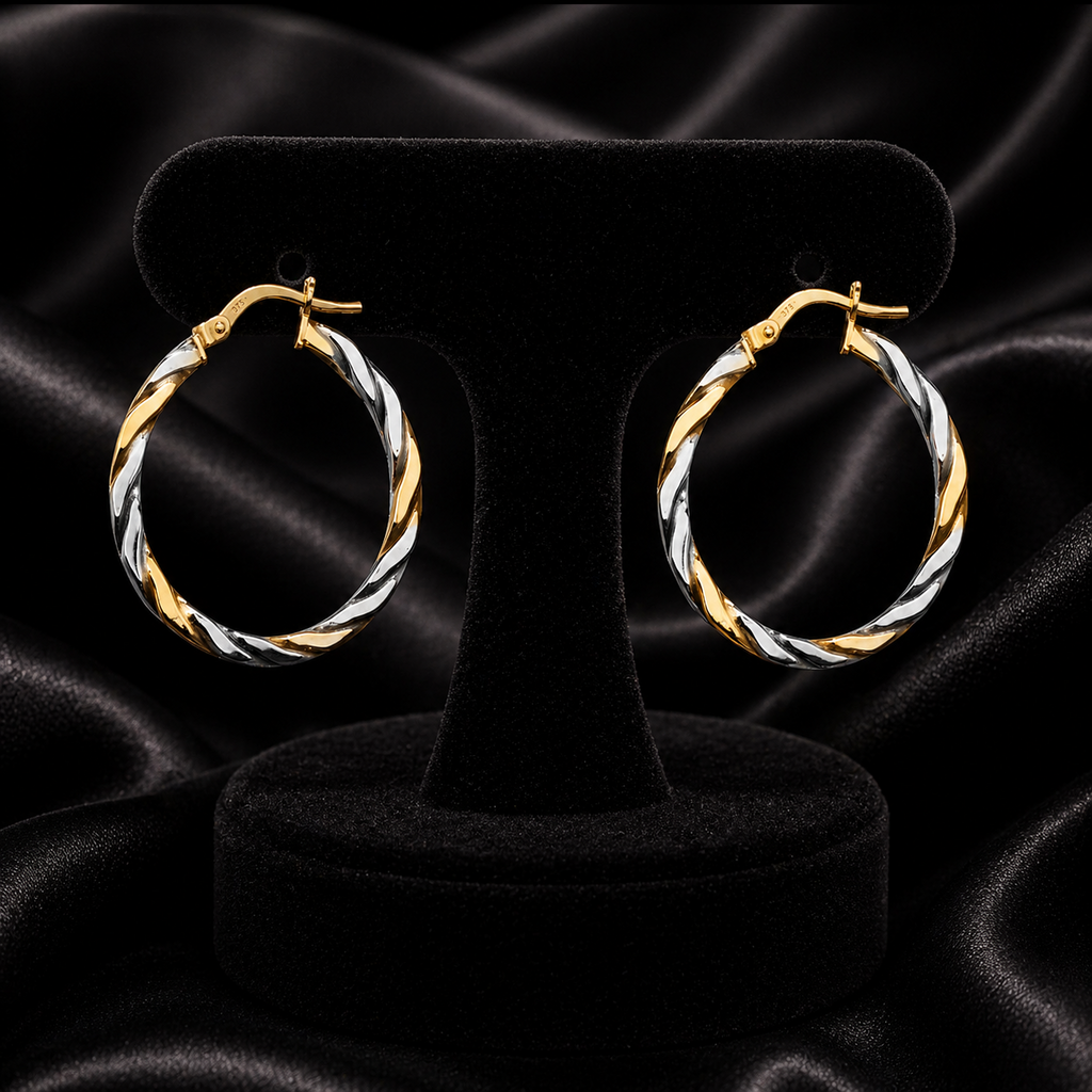 9ct White/Yellow Gold Ribboned Hoop Earrings 375 Hallmarked 8mm - 30mm Diameter